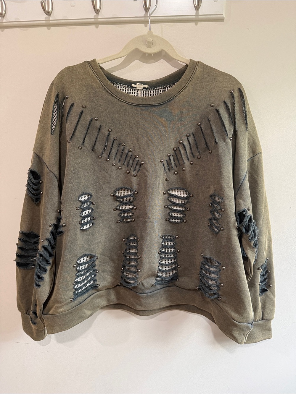 Distressed POL Olive Green Women's Sweater with Stud Detailing